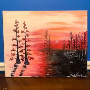 A beautiful painting of a cabin in the woods.